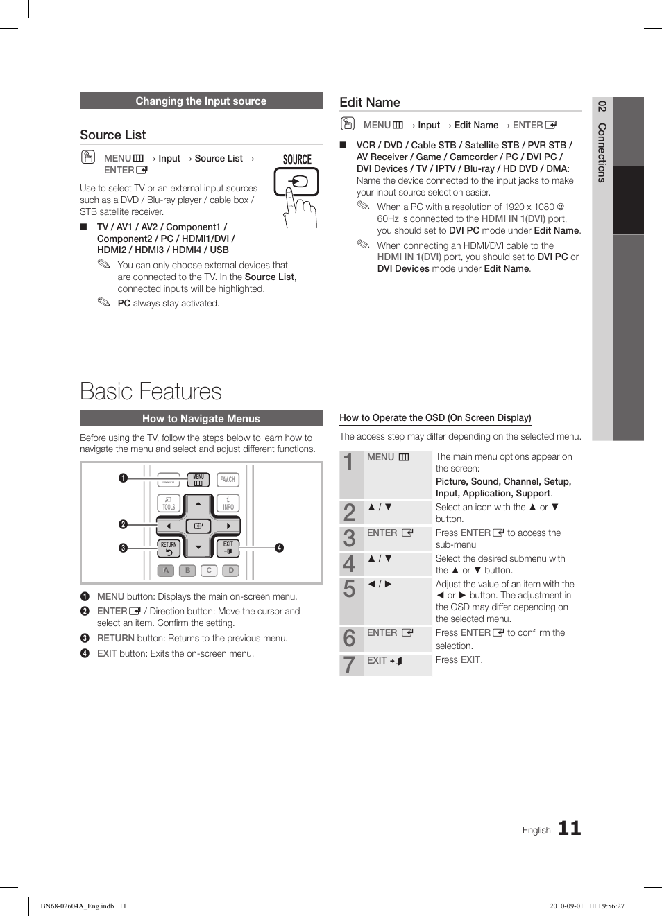Basic features, Source list, Edit name | Samsung LN46C550J1FXZA User Manual | Page 11 / 50