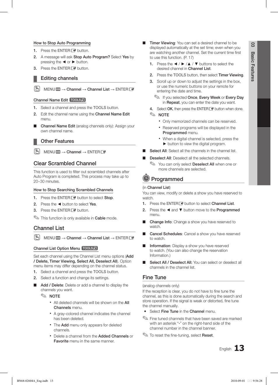 Clear scrambled channel, Channel list, Programmed | Fine tune | Samsung LN46C550J1FXZA User Manual | Page 13 / 50