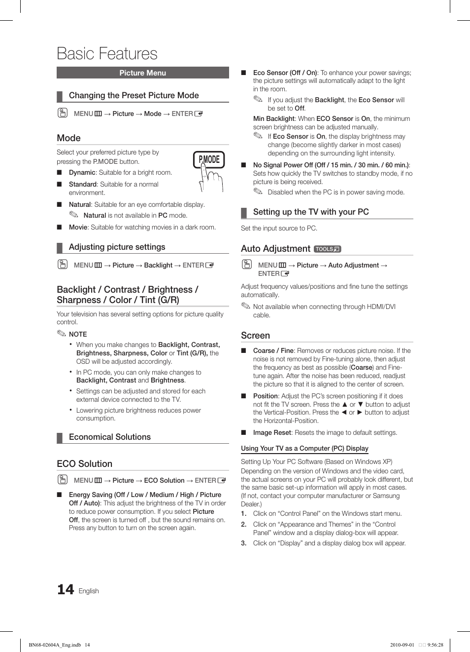 Basic features | Samsung LN46C550J1FXZA User Manual | Page 14 / 50