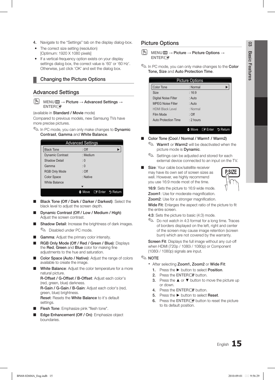 Advanced settings, Picture options | Samsung LN46C550J1FXZA User Manual | Page 15 / 50