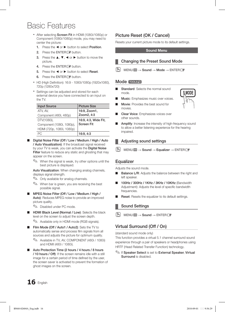Basic features, Picture reset (ok / cancel), Mode | Equalizer, Virtual surround (off / on) | Samsung LN46C550J1FXZA User Manual | Page 16 / 50
