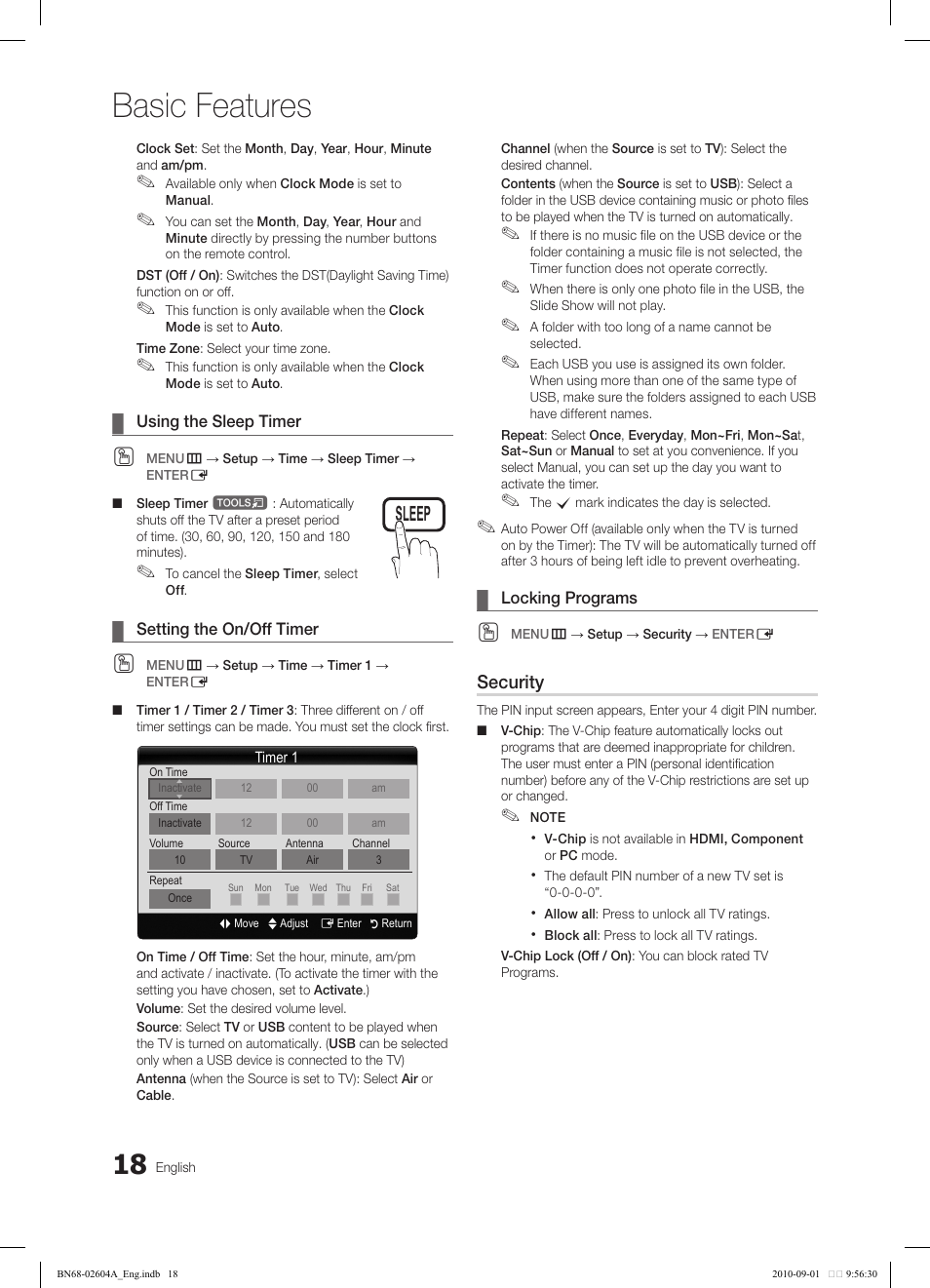 Basic features | Samsung LN46C550J1FXZA User Manual | Page 18 / 50