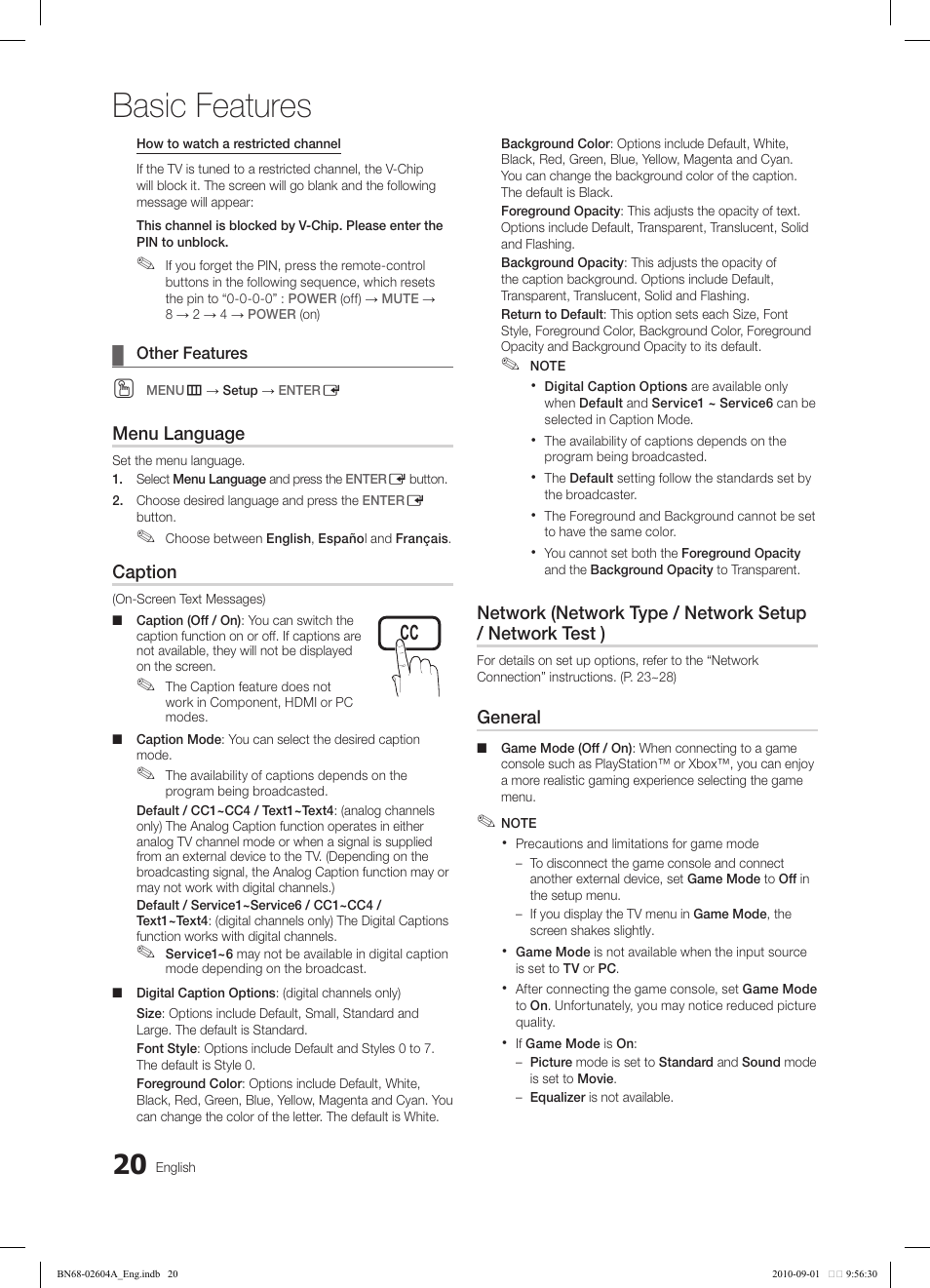 Basic features | Samsung LN46C550J1FXZA User Manual | Page 20 / 50