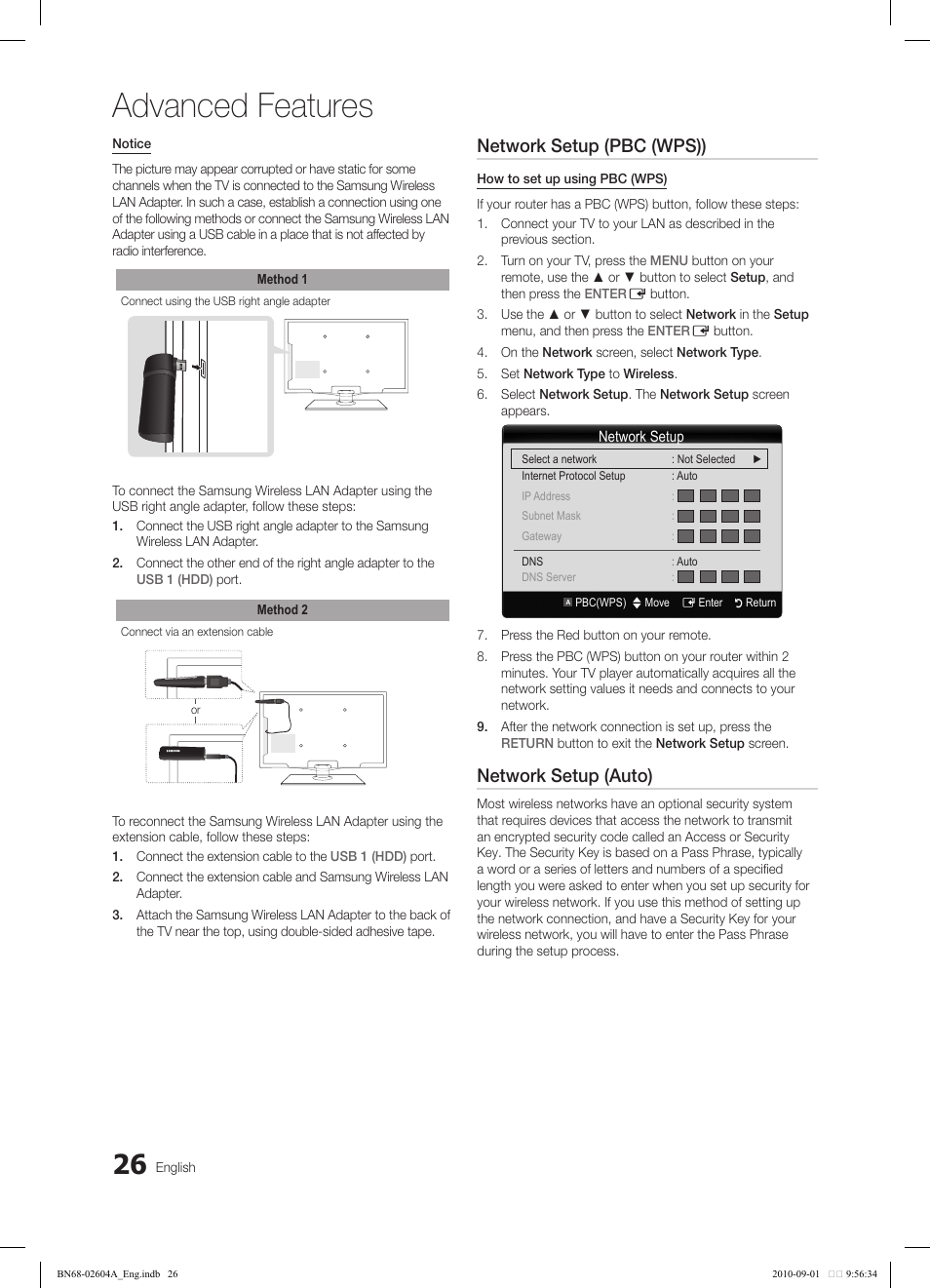 Advanced features, Network setup (pbc (wps)), Network setup (auto) | Samsung LN46C550J1FXZA User Manual | Page 26 / 50