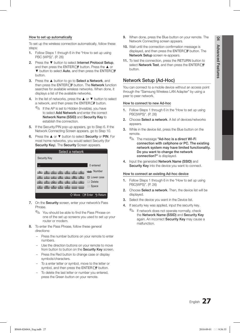 Network setup (ad-hoc) | Samsung LN46C550J1FXZA User Manual | Page 27 / 50