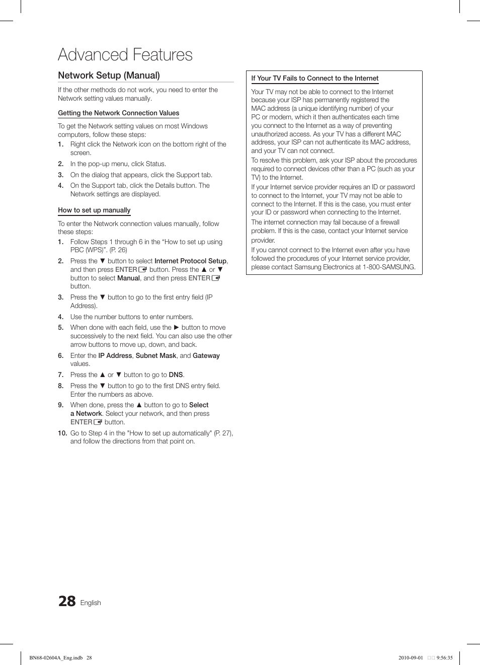 Advanced features, Network setup (manual) | Samsung LN46C550J1FXZA User Manual | Page 28 / 50