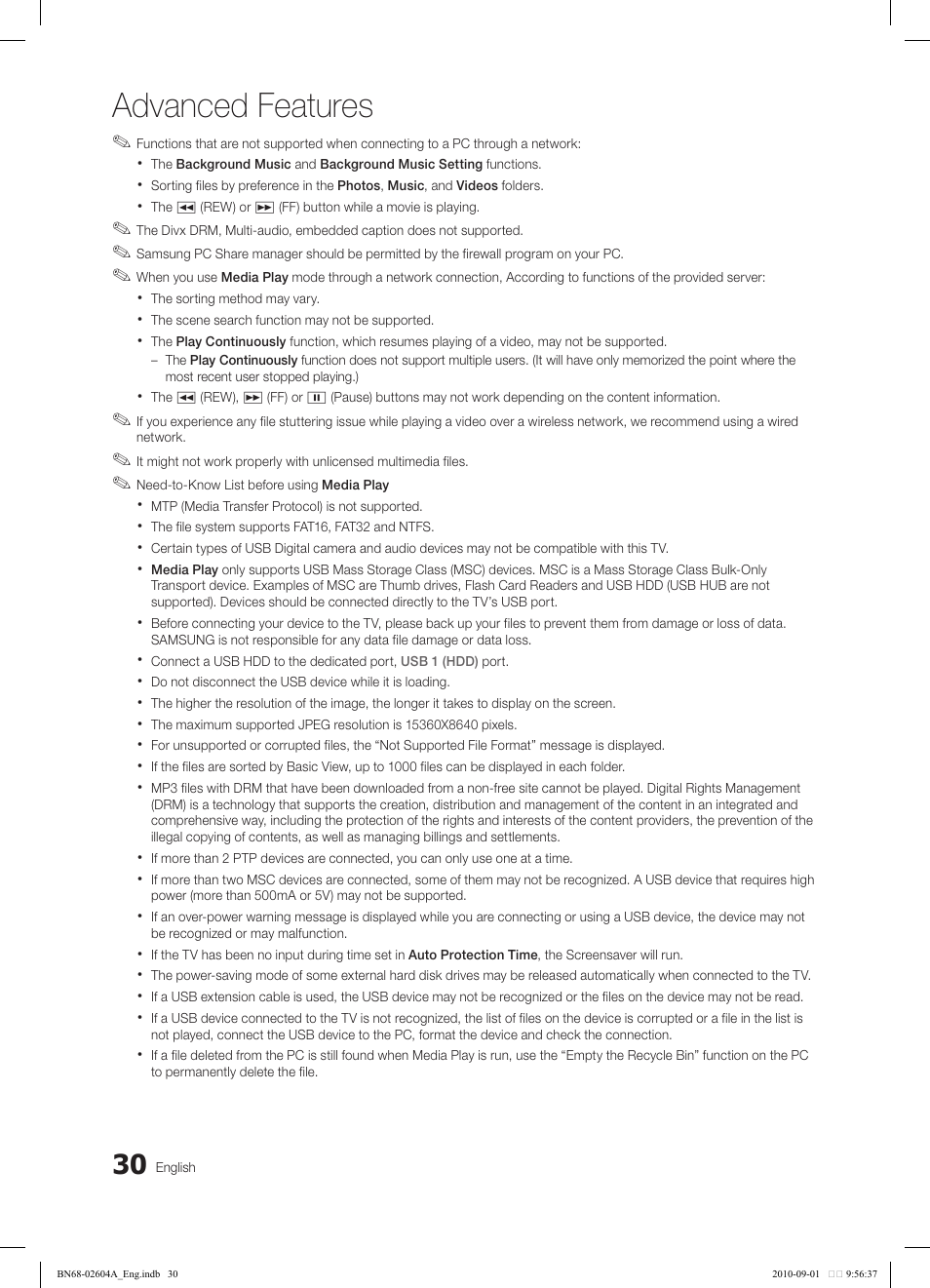 Advanced features | Samsung LN46C550J1FXZA User Manual | Page 30 / 50