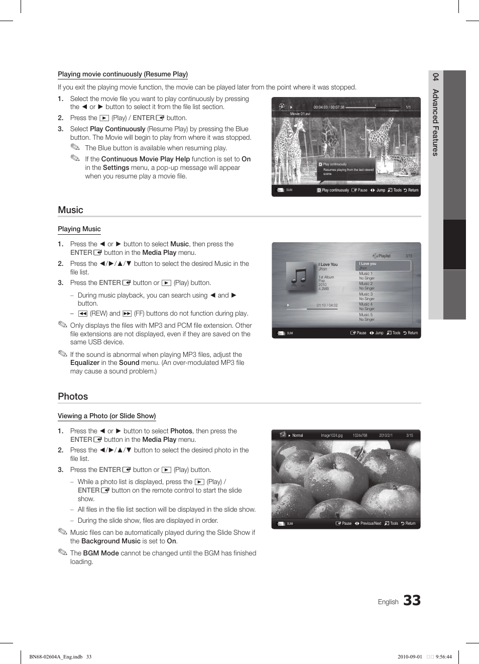 Music, Photos | Samsung LN46C550J1FXZA User Manual | Page 33 / 50