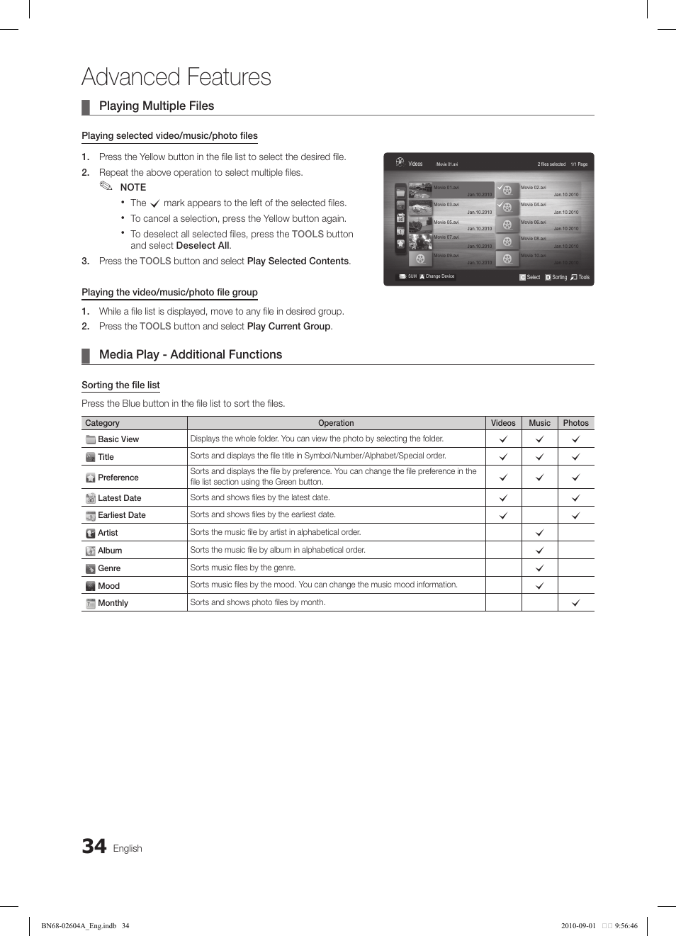 Advanced features, Playing multiple files, Media play - additional functions | Samsung LN46C550J1FXZA User Manual | Page 34 / 50