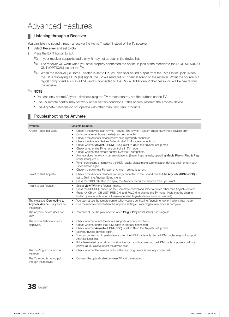 Advanced features, Listening through a receiver, Troubleshooting for anynet | Samsung LN46C550J1FXZA User Manual | Page 38 / 50