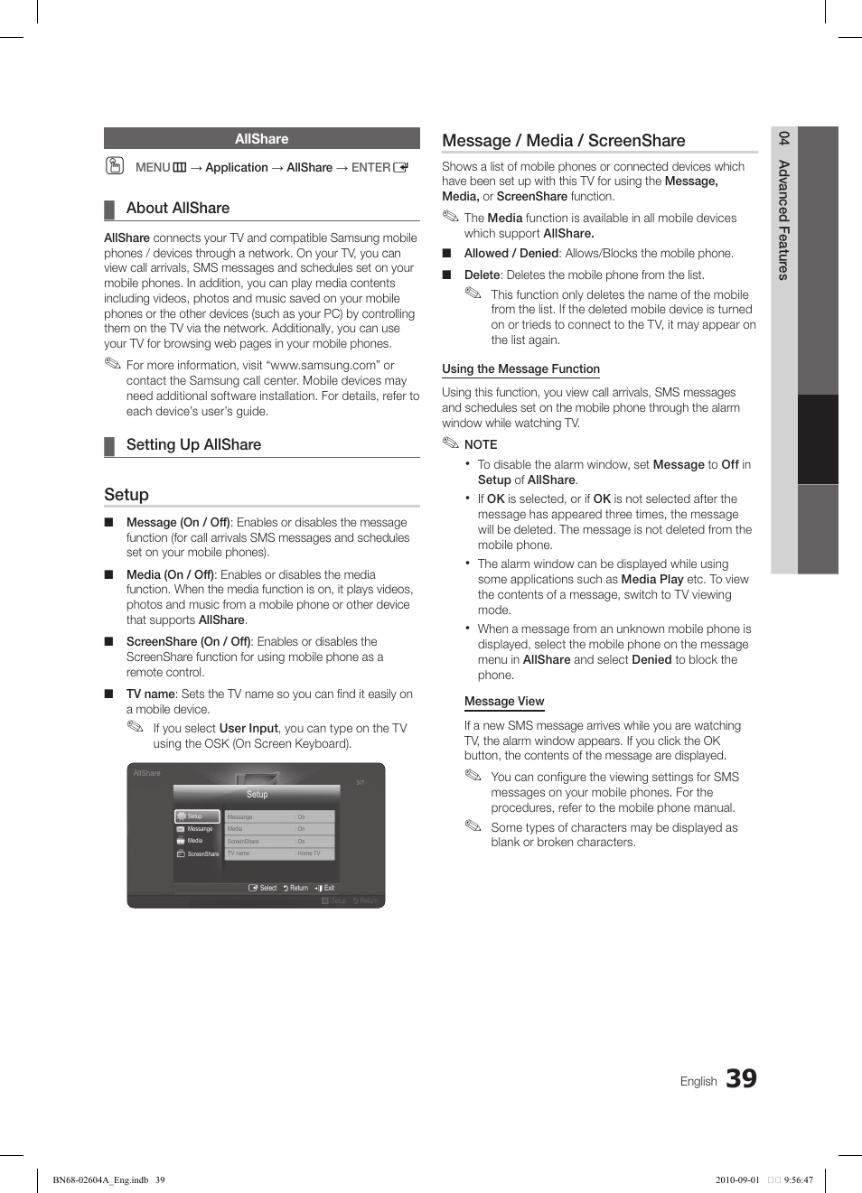 Setup, Message / media / screenshare | Samsung LN46C550J1FXZA User Manual | Page 39 / 50