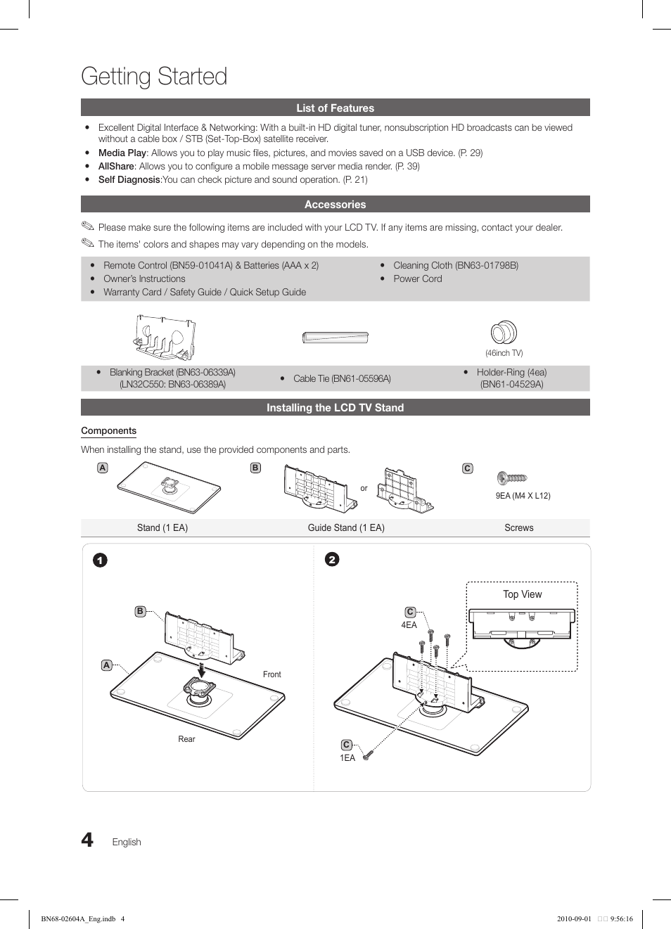 Getting started | Samsung LN46C550J1FXZA User Manual | Page 4 / 50