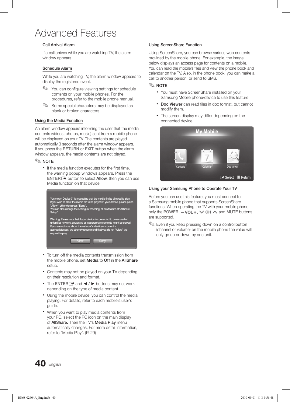 Advanced features | Samsung LN46C550J1FXZA User Manual | Page 40 / 50