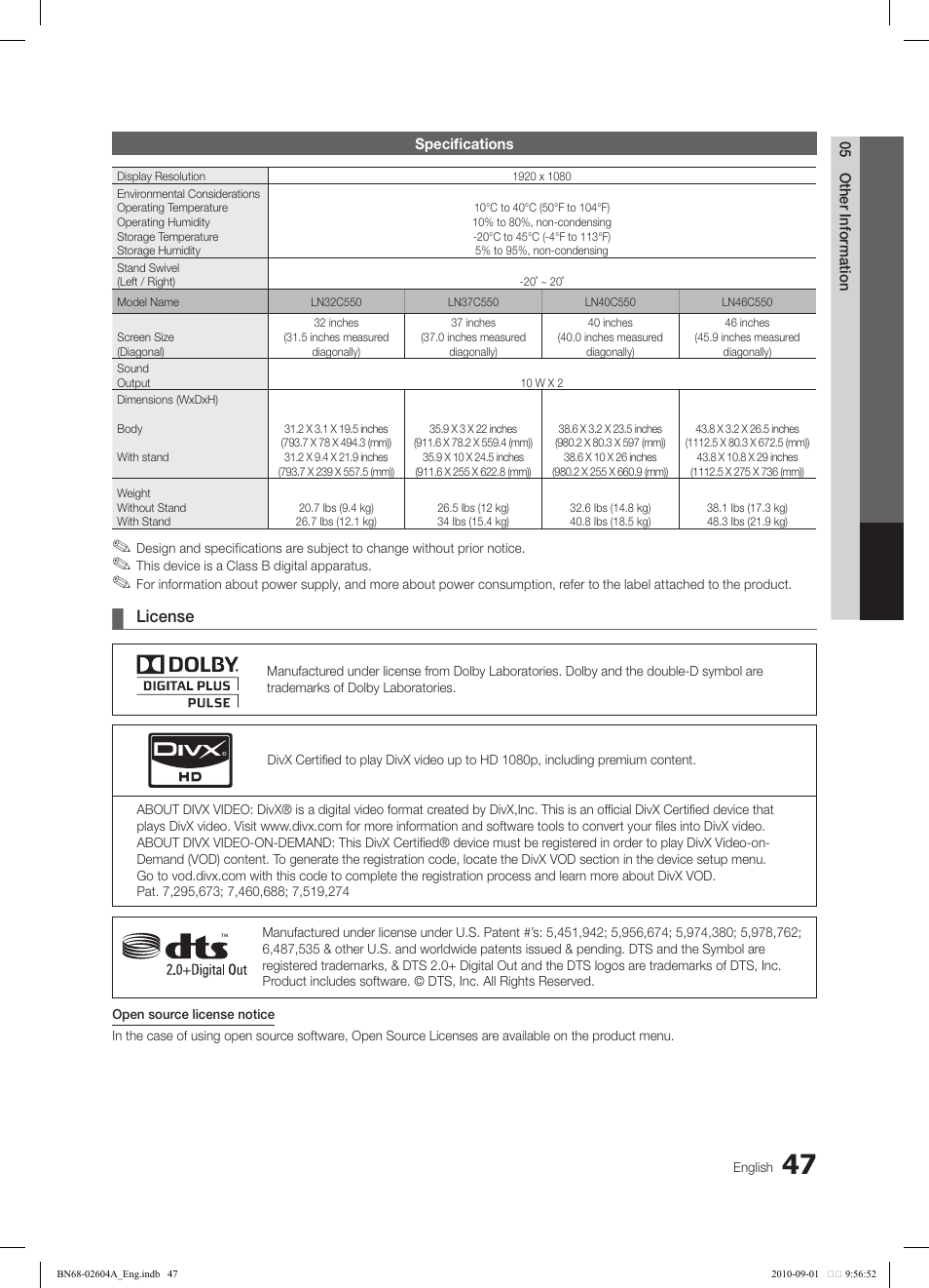 License | Samsung LN46C550J1FXZA User Manual | Page 47 / 50