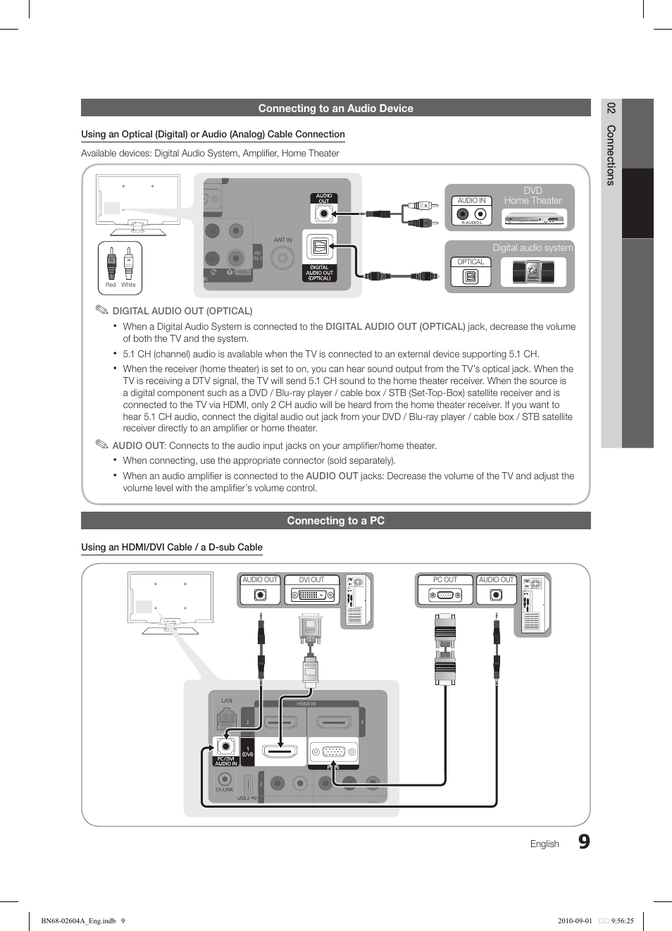 02 connections connecting to an audio device, Connecting to a pc | Samsung LN46C550J1FXZA User Manual | Page 9 / 50