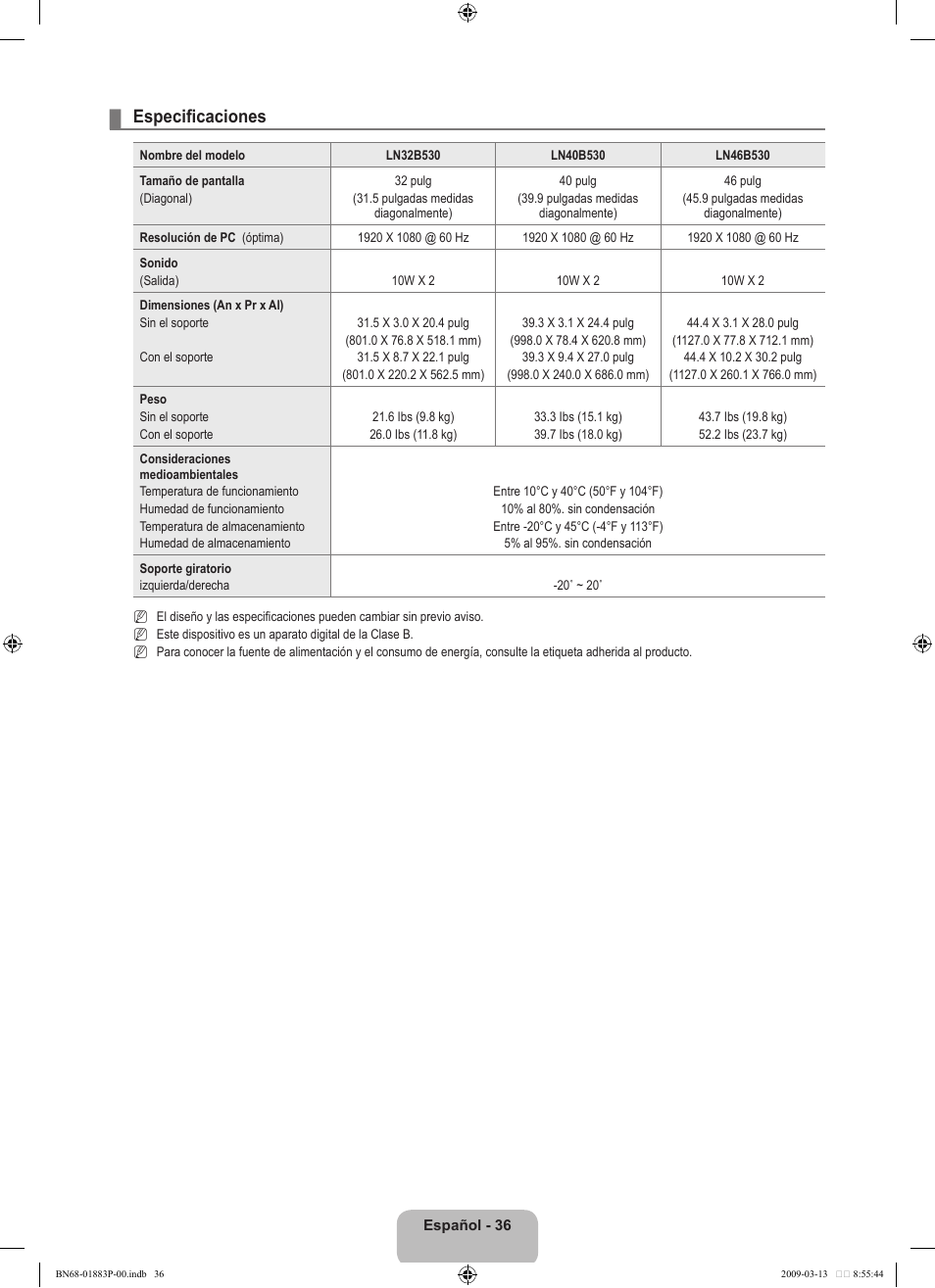 Especificaciones | Samsung LN40B530P7NXZA User Manual | Page 79 / 83