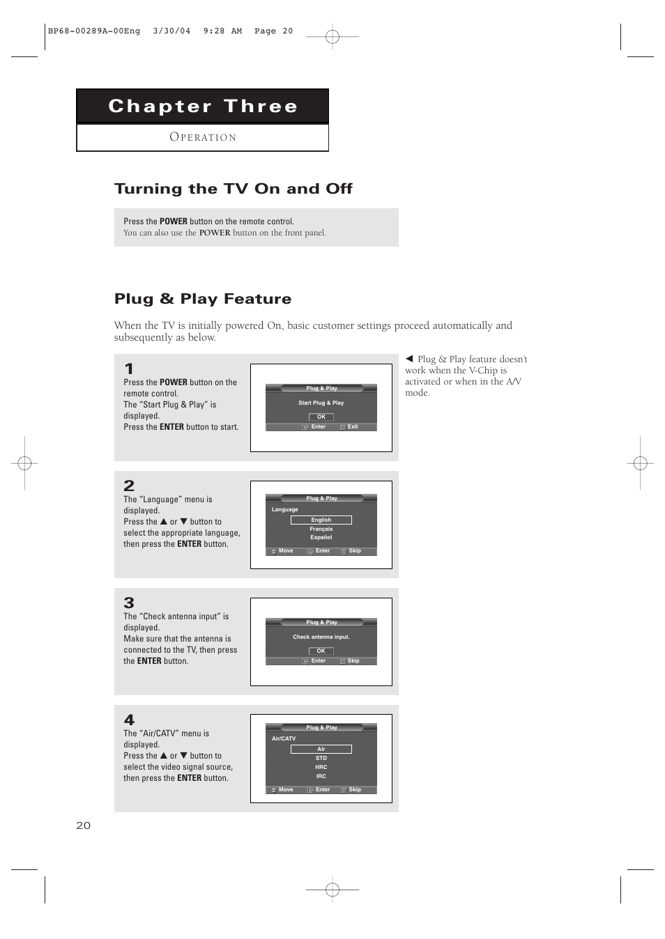 Chapter 3: operation, Turning the tv on and off, Plug & play feature | Samsung HCP4252WX-XAC User Manual | Page 20 / 68