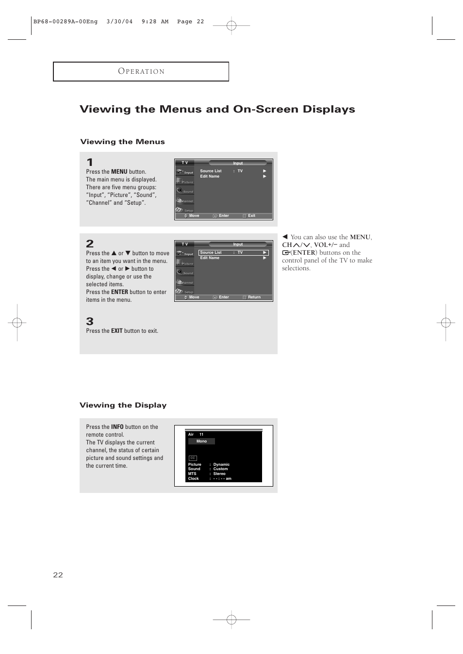 Viewing the menus and on-screen displays, Viewing the menus, Viewing the display | Samsung HCP4252WX-XAC User Manual | Page 22 / 68