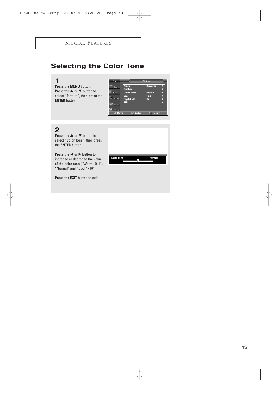 Selecting the color tone | Samsung HCP4252WX-XAC User Manual | Page 43 / 68