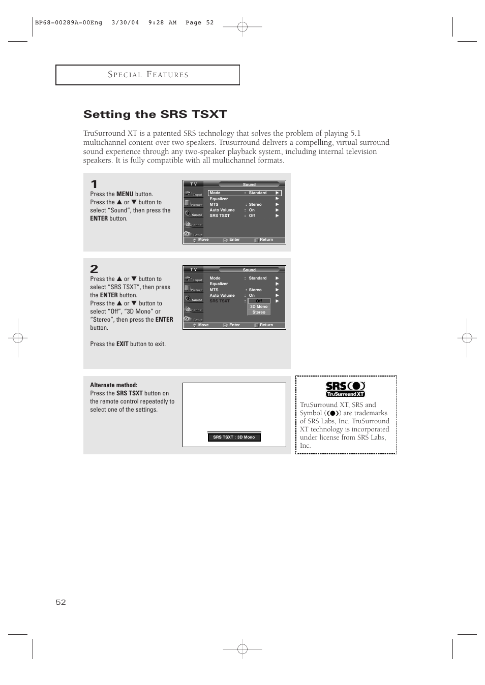 Setting the srs tsxt | Samsung HCP4252WX-XAC User Manual | Page 52 / 68