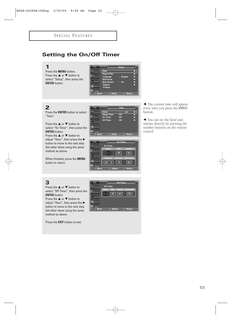 Setting the on/off timer | Samsung HCP4252WX-XAC User Manual | Page 53 / 68