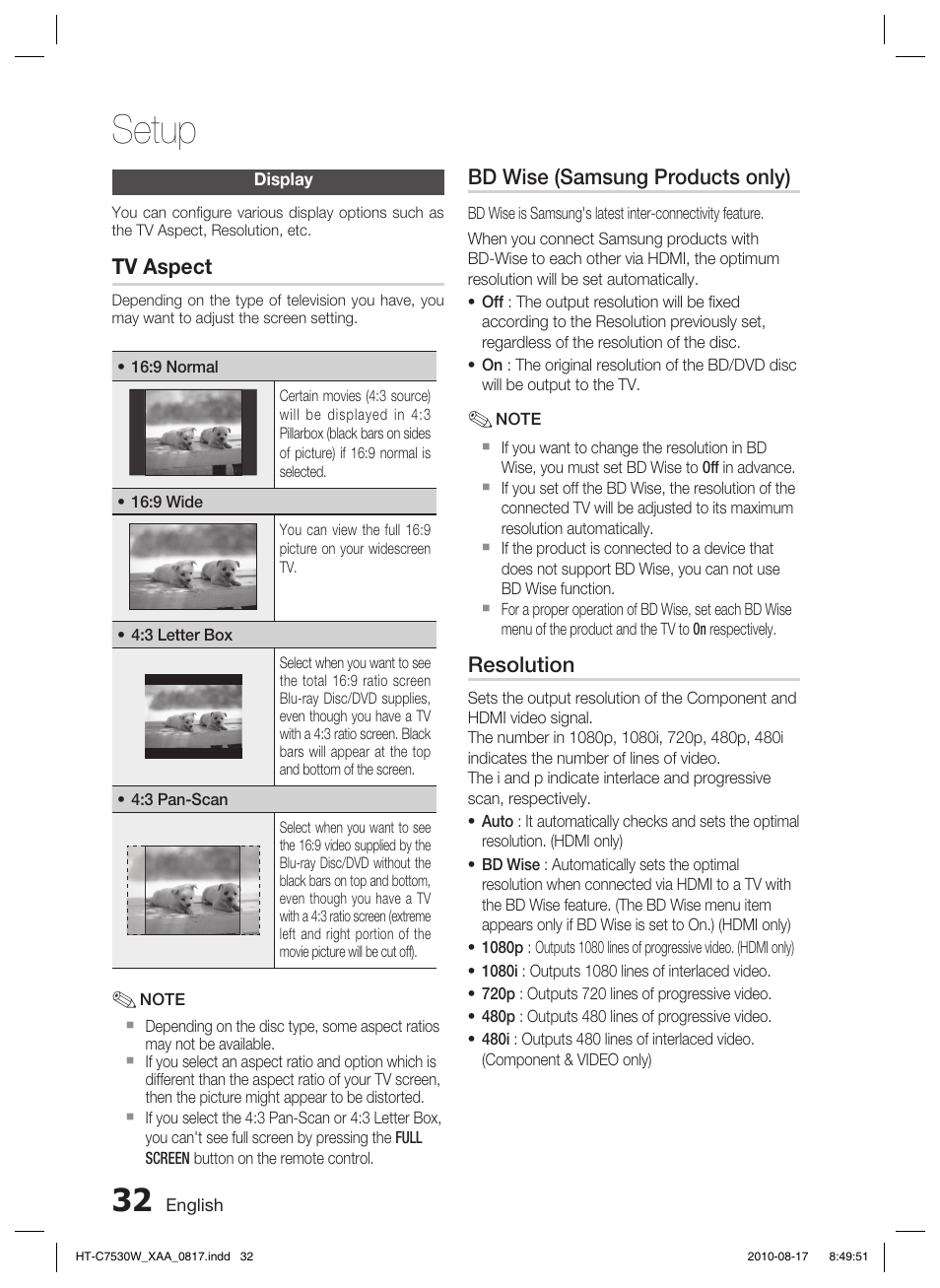 Display, Tv aspect, Bd wise (samsung products only) | Resolution, Setup | Samsung HT-C7530W-XAA User Manual | Page 32 / 72