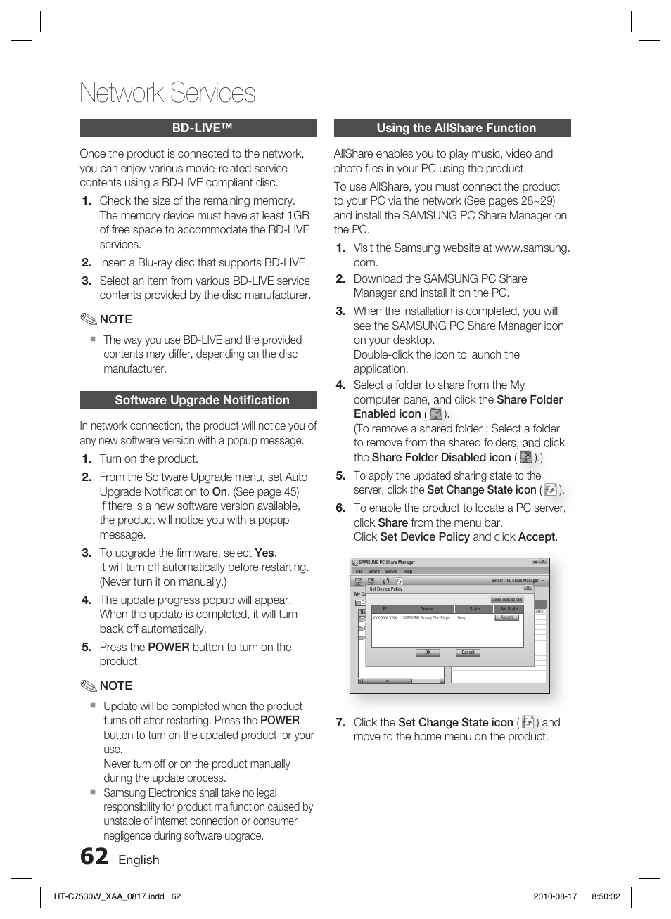 Bd-live, Software upgrade notification, Using the allshare function | Network services | Samsung HT-C7530W-XAA User Manual | Page 62 / 72
