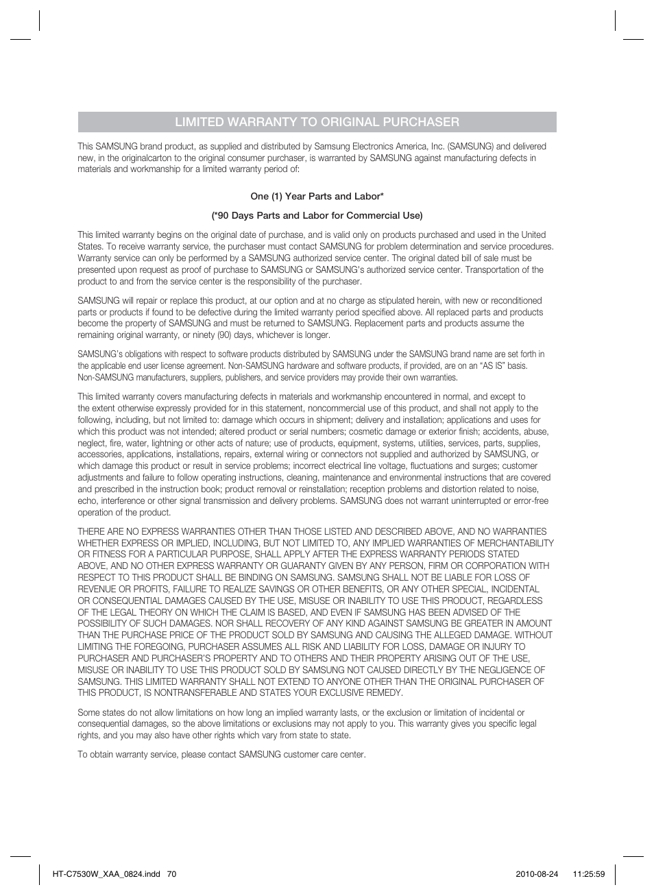 Limited warranty to original purchaser | Samsung HT-C7530W-XAA User Manual | Page 70 / 72