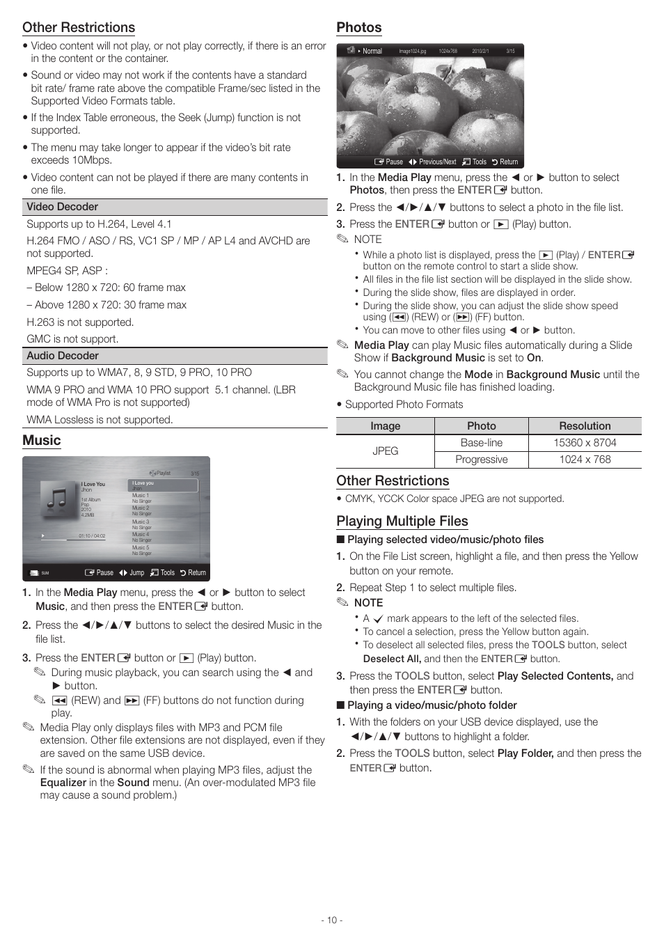 Other restrictions, Music, Photos | Playing multiple files | Samsung UN46EH6000FXZA User Manual | Page 10 / 16