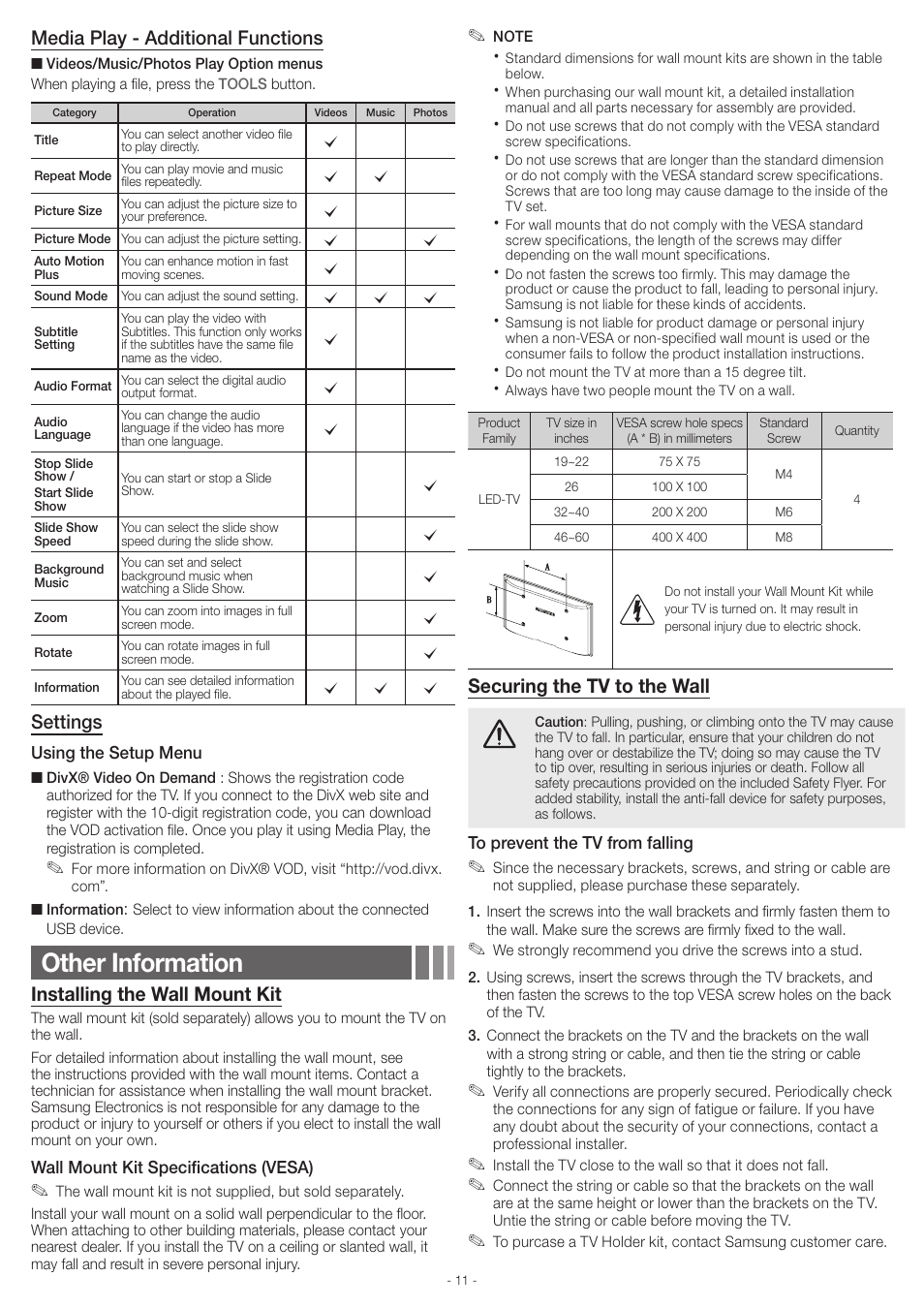 Other information, Media play - additional functions, Settings | Installing the wall mount kit, Securing the tv to the wall | Samsung UN46EH6000FXZA User Manual | Page 11 / 16