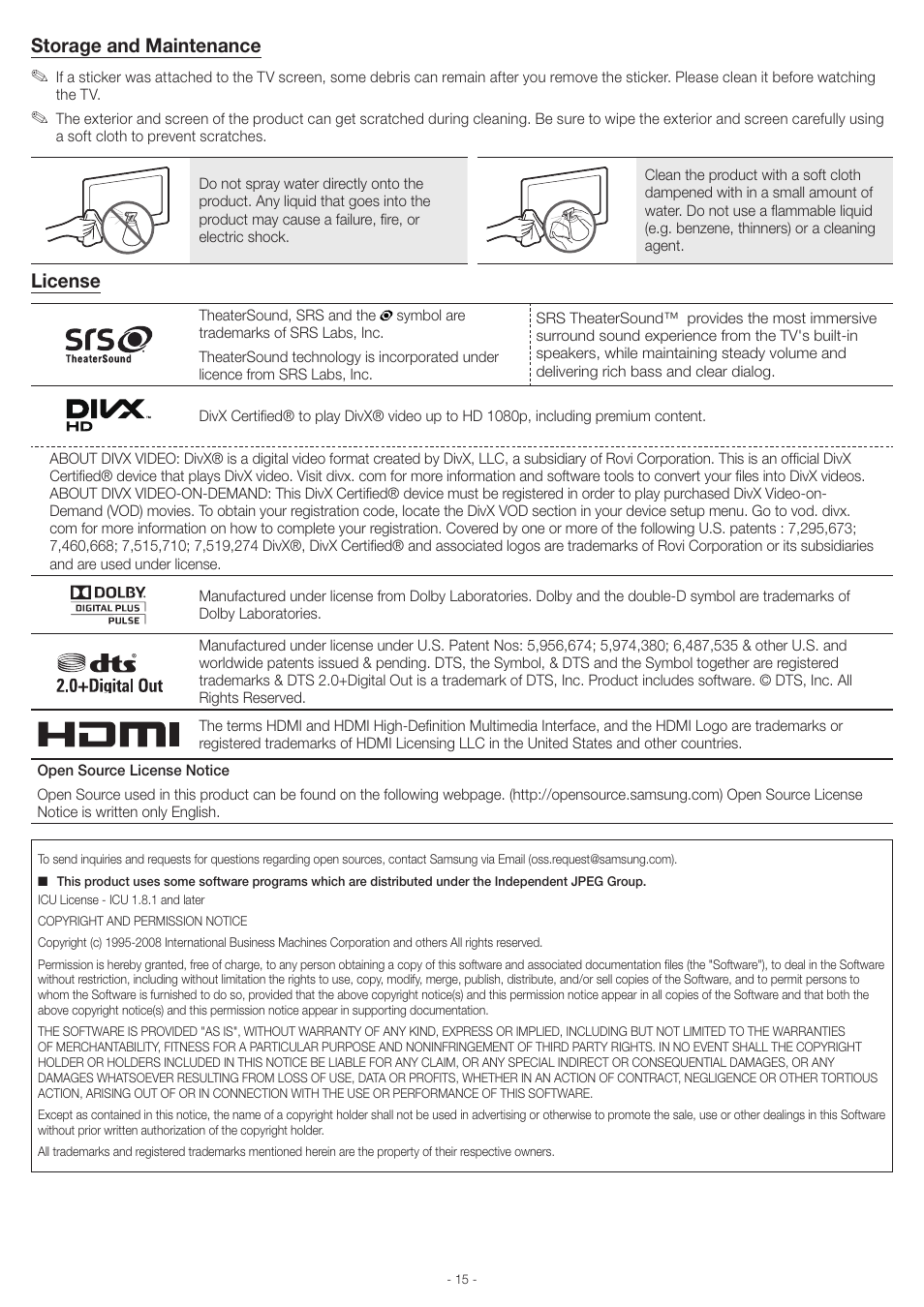 Storage and maintenance, License | Samsung UN46EH6000FXZA User Manual | Page 15 / 16