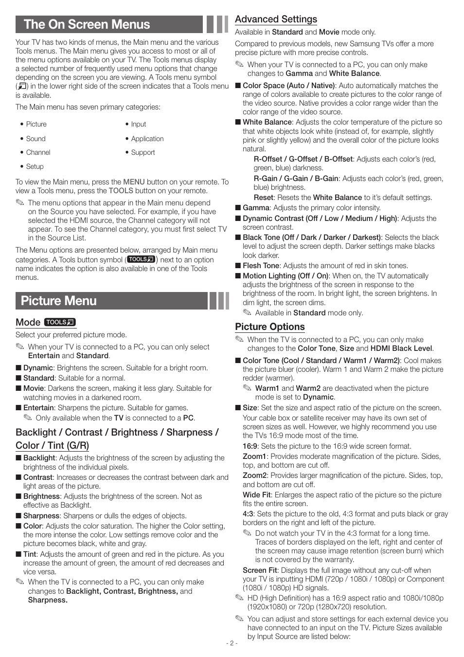 The on screen menus, Picture menu, Mode t | Advanced settings, Picture options | Samsung UN46EH6000FXZA User Manual | Page 2 / 16