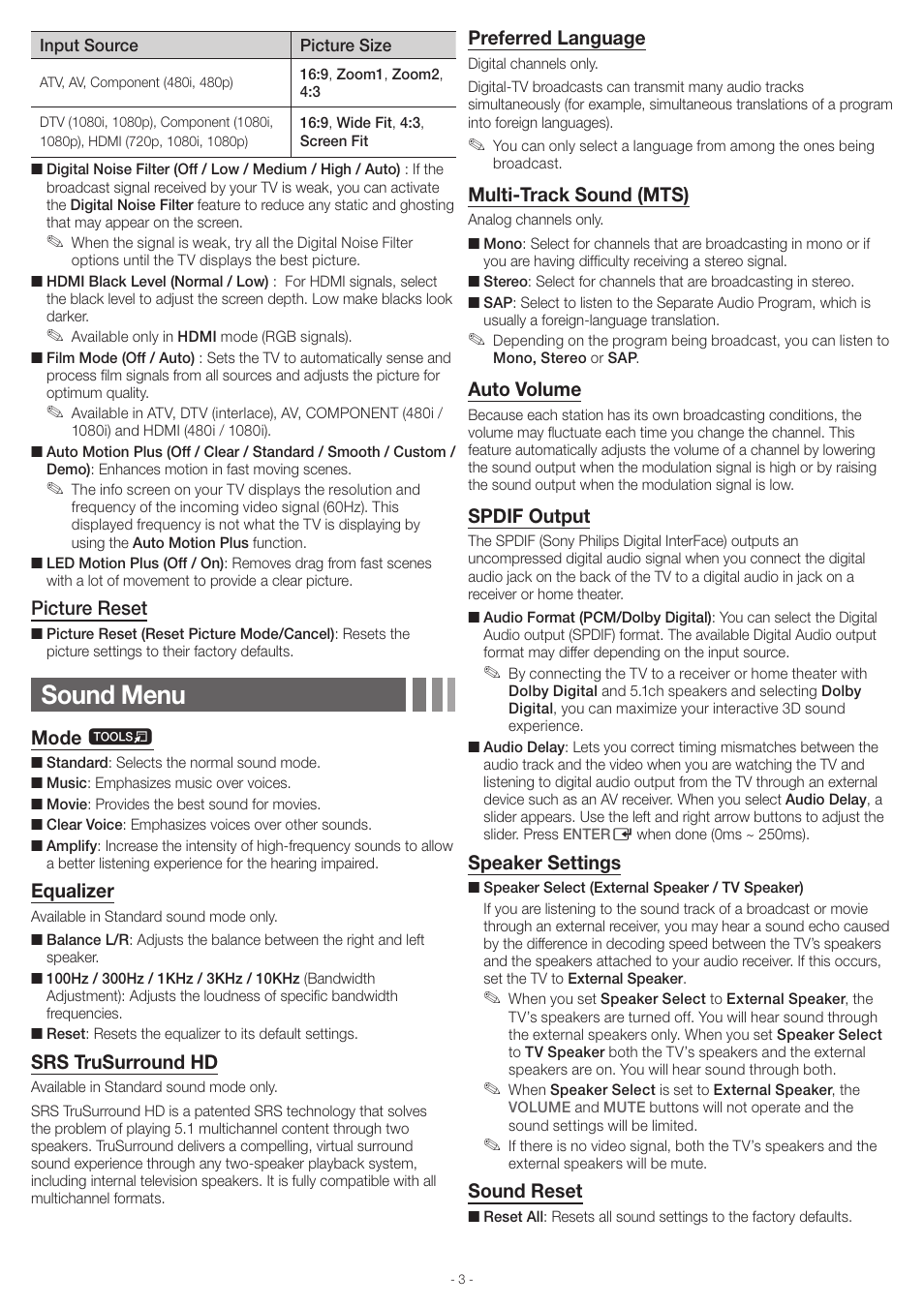 Sound menu, Picture reset, Mode t | Equalizer, Srs trusurround hd, Preferred language, Multi-track sound (mts), Auto volume, Spdif output, Speaker settings | Samsung UN46EH6000FXZA User Manual | Page 3 / 16