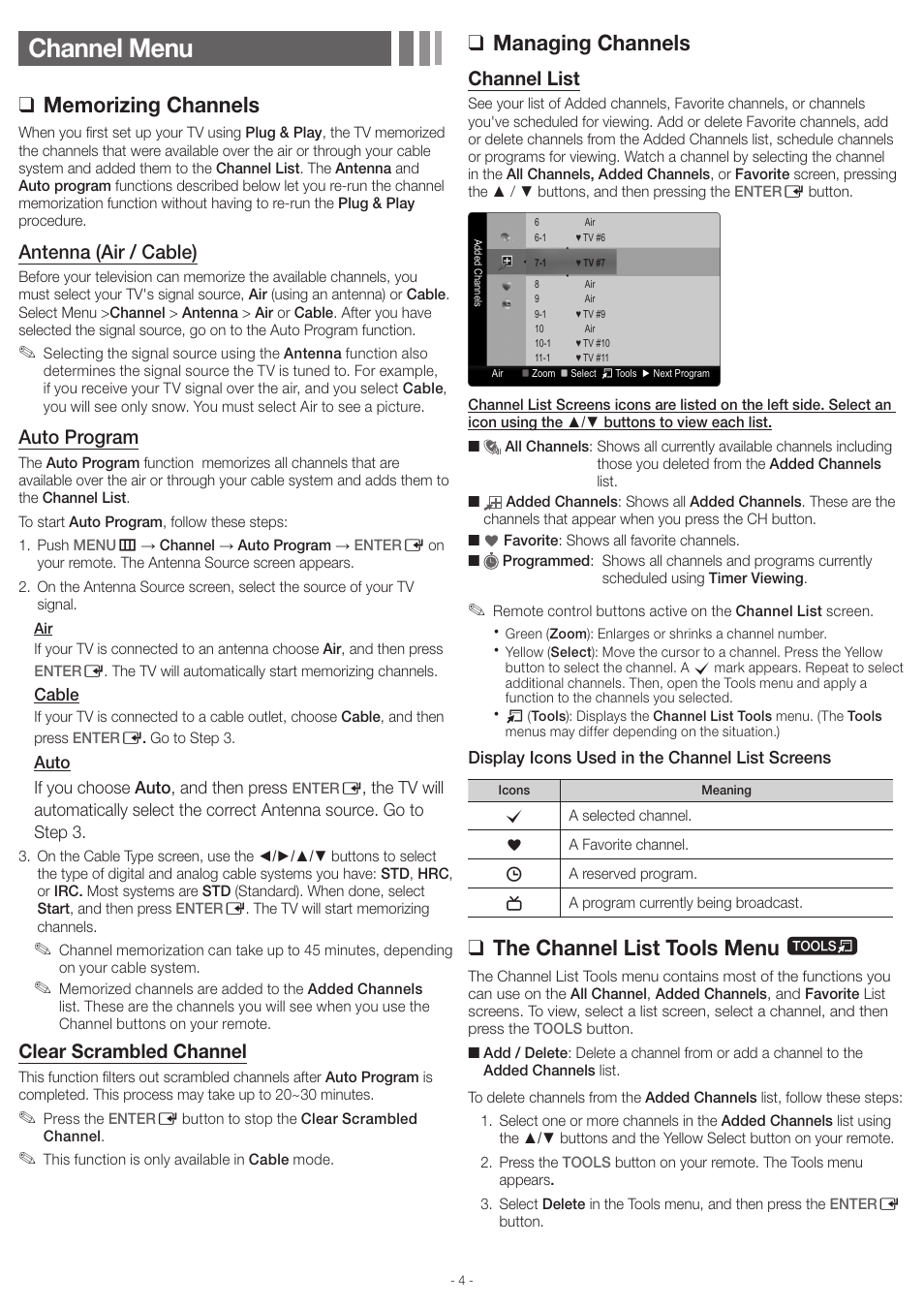 Channel menu, Managing channels, The channel list tools menu t | Antenna (air / cable), Auto program, Clear scrambled channel, Channel list | Samsung UN46EH6000FXZA User Manual | Page 4 / 16