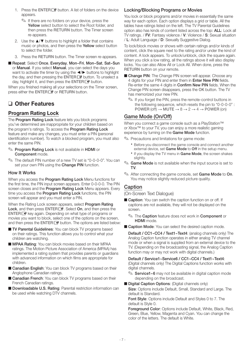Other features, Program rating lock, Game mode (on/off) | Caption | Samsung UN46EH6000FXZA User Manual | Page 7 / 16