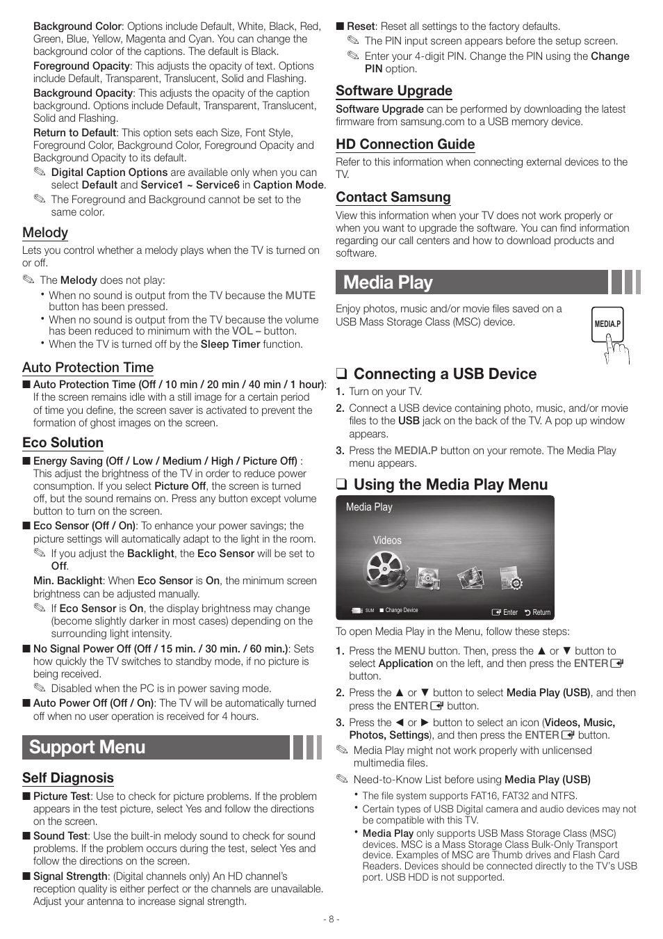 Support menu, Media play, Connecting a usb device | Using the media play menu, Melody, Auto protection time, Eco solution, Self diagnosis, Software upgrade, Hd connection guide | Samsung UN46EH6000FXZA User Manual | Page 8 / 16