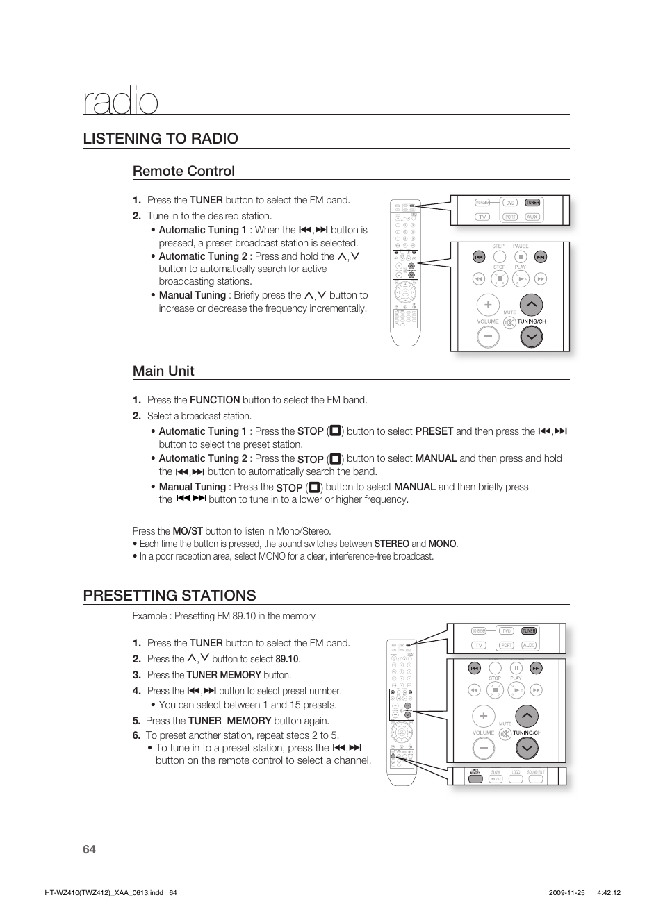 Radio, Listening to radio, Presetting stations | Remote control, Main unit | Samsung HT-TWZ412T-XAA User Manual | Page 64 / 75