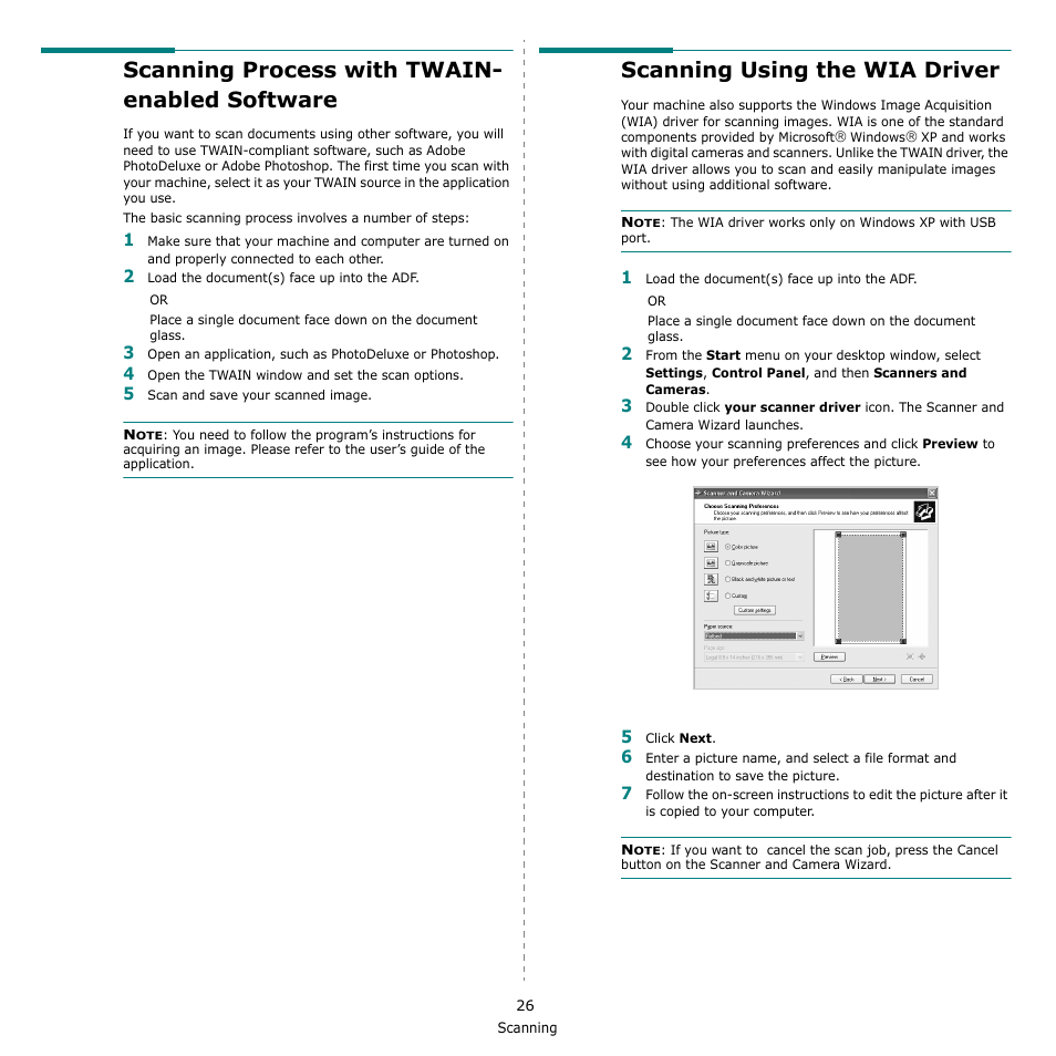Scanning process with twain- enabled software, Scanning using the wia driver | Samsung SCX-4521F-XAA User Manual | Page 109 / 125