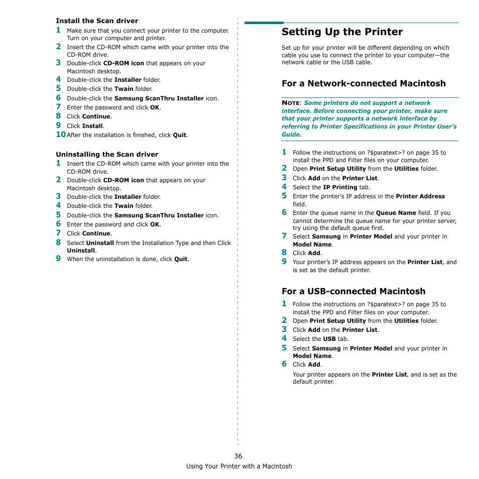 Setting up the printer, For a network-connected macintosh, For a usb-connected macintosh | Samsung SCX-4521F-XAA User Manual | Page 119 / 125