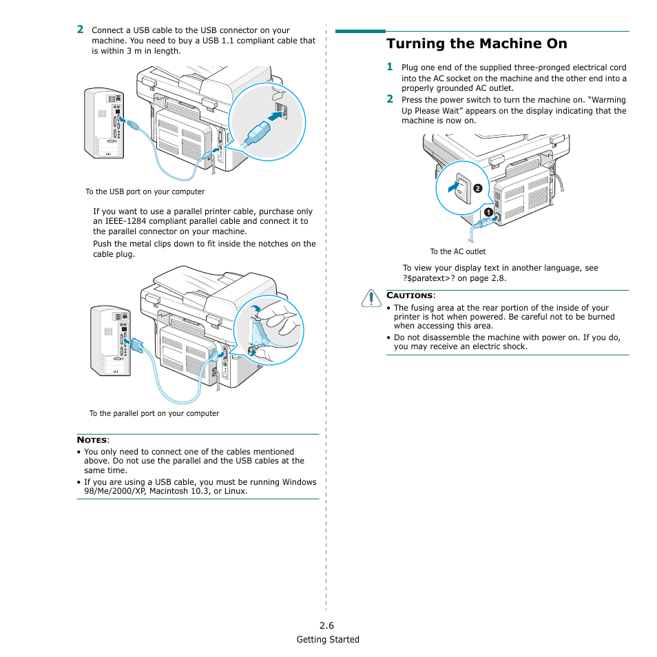 Turning the machine on | Samsung SCX-4521F-XAA User Manual | Page 22 / 125