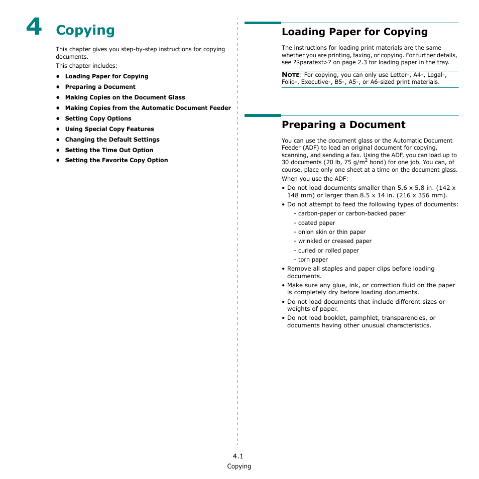Copying, Loading paper for copying, Preparing a document | Samsung SCX-4521F-XAA User Manual | Page 32 / 125