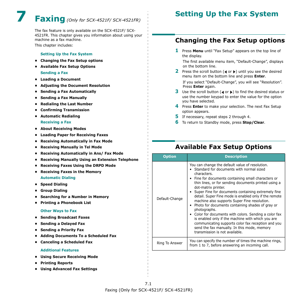 Faxing (only for scx-4521f/ scx-4521fr), Changing the fax setup options, Available fax setup options | Faxing, Setting up the fax system | Samsung SCX-4521F-XAA User Manual | Page 41 / 125