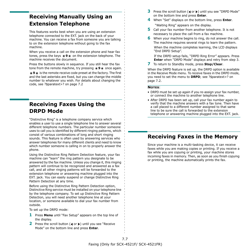 Receiving manually using an extension telephone, Receiving faxes using the drpd mode, Receiving faxes in the memory | Paratext>? on | Samsung SCX-4521F-XAA User Manual | Page 47 / 125