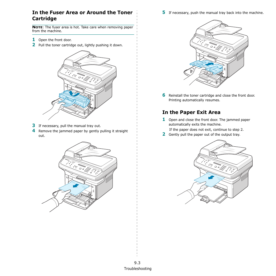 In the fuser area or around the toner cartridge, In the paper exit area | Samsung SCX-4521F-XAA User Manual | Page 64 / 125