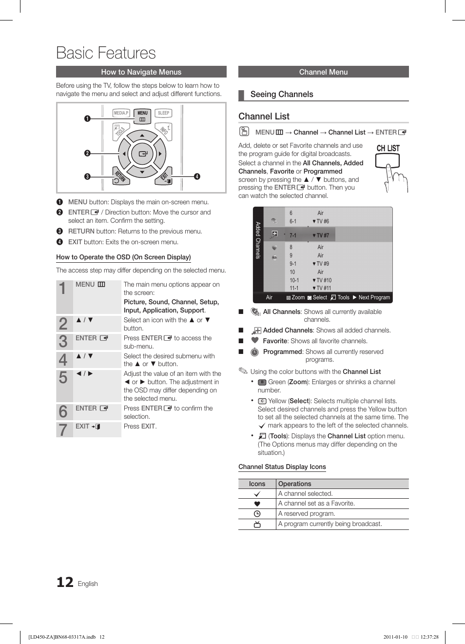 Basic features, Channel list | Samsung LN19D450G1DXZC User Manual | Page 12 / 36
