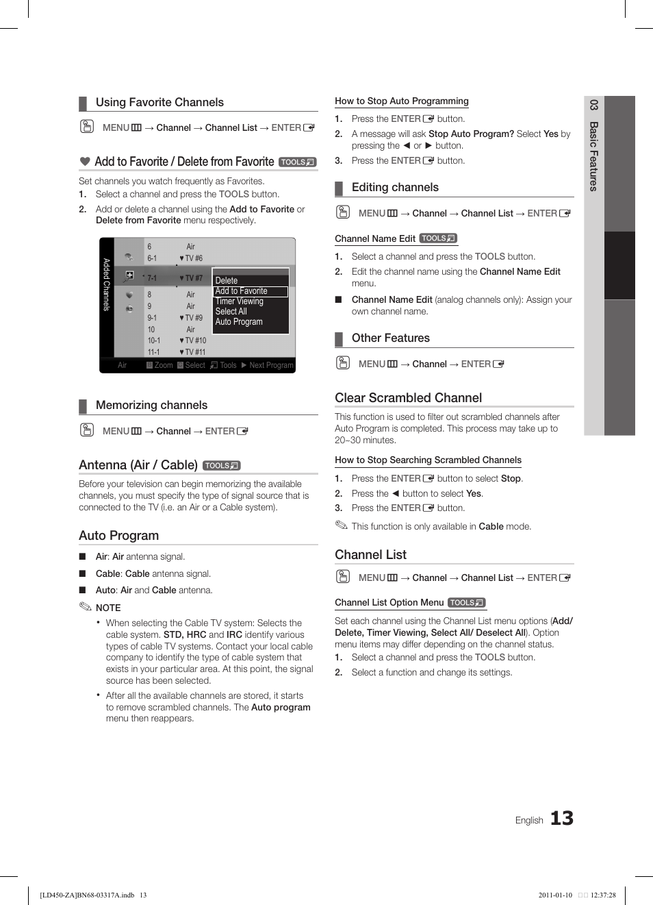 Add to favorite / delete from favorite, Antenna (air / cable), Auto program | Clear scrambled channel, Channel list | Samsung LN19D450G1DXZC User Manual | Page 13 / 36