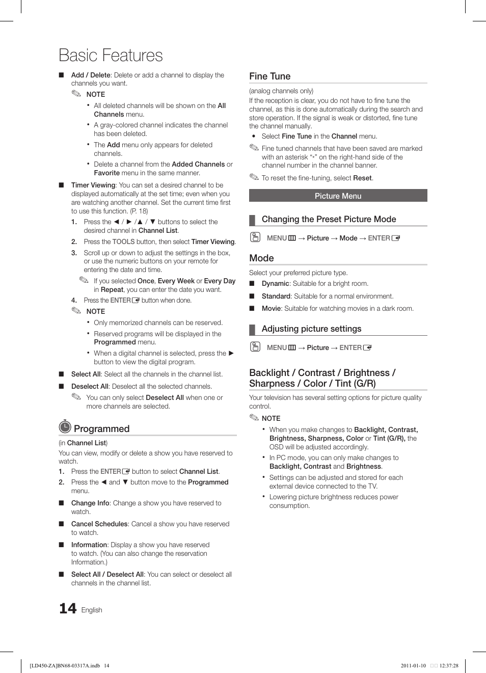 Basic features, Programmed, Fine tune | Mode | Samsung LN19D450G1DXZC User Manual | Page 14 / 36