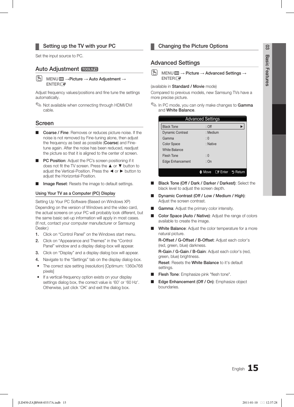 Auto adjustment, Screen, Advanced settings | Samsung LN19D450G1DXZC User Manual | Page 15 / 36