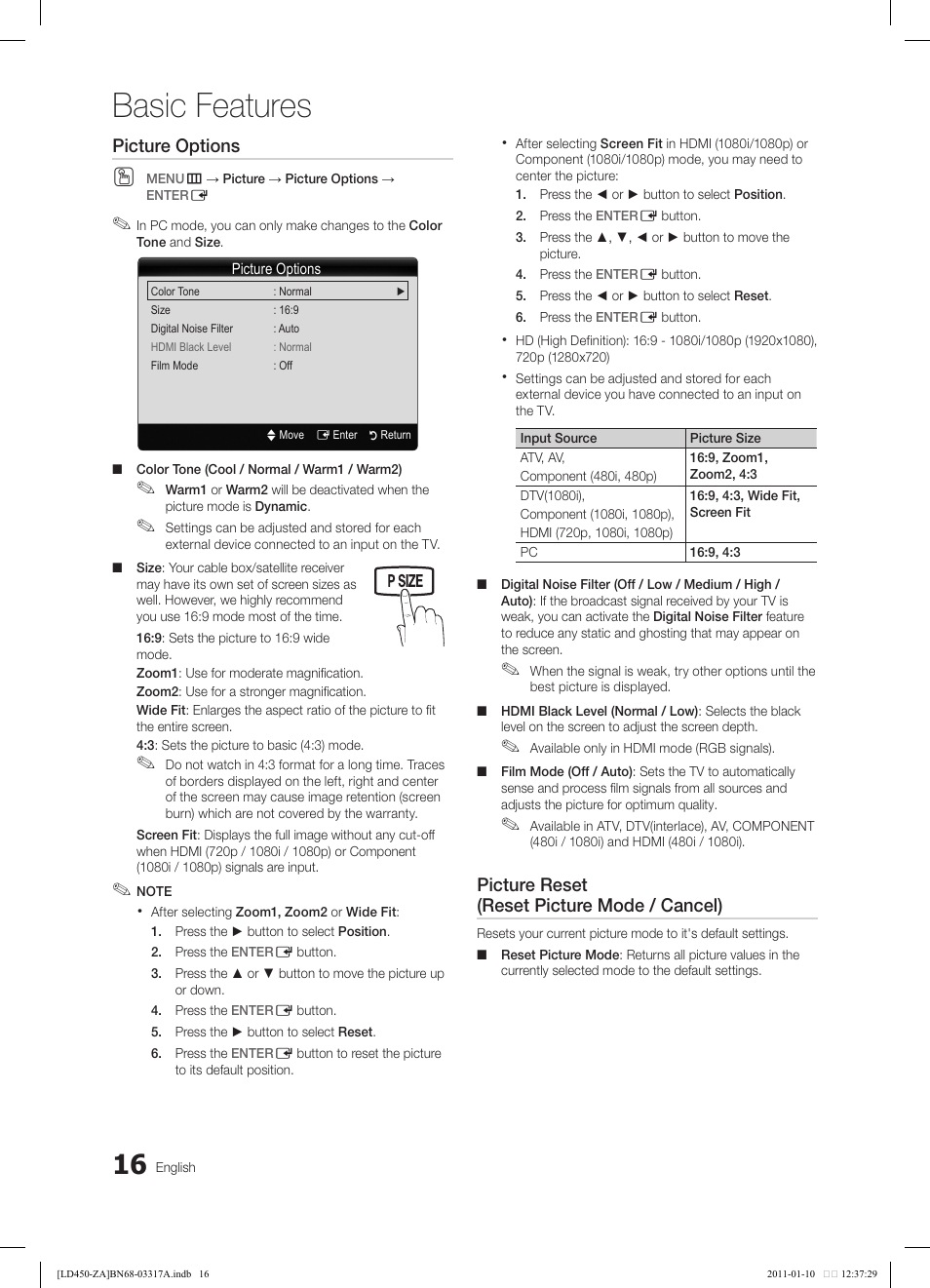 Basic features, Picture options, Picture reset (reset picture mode / cancel) | Samsung LN19D450G1DXZC User Manual | Page 16 / 36