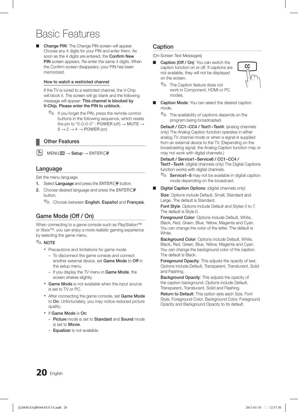 Basic features | Samsung LN19D450G1DXZC User Manual | Page 20 / 36
